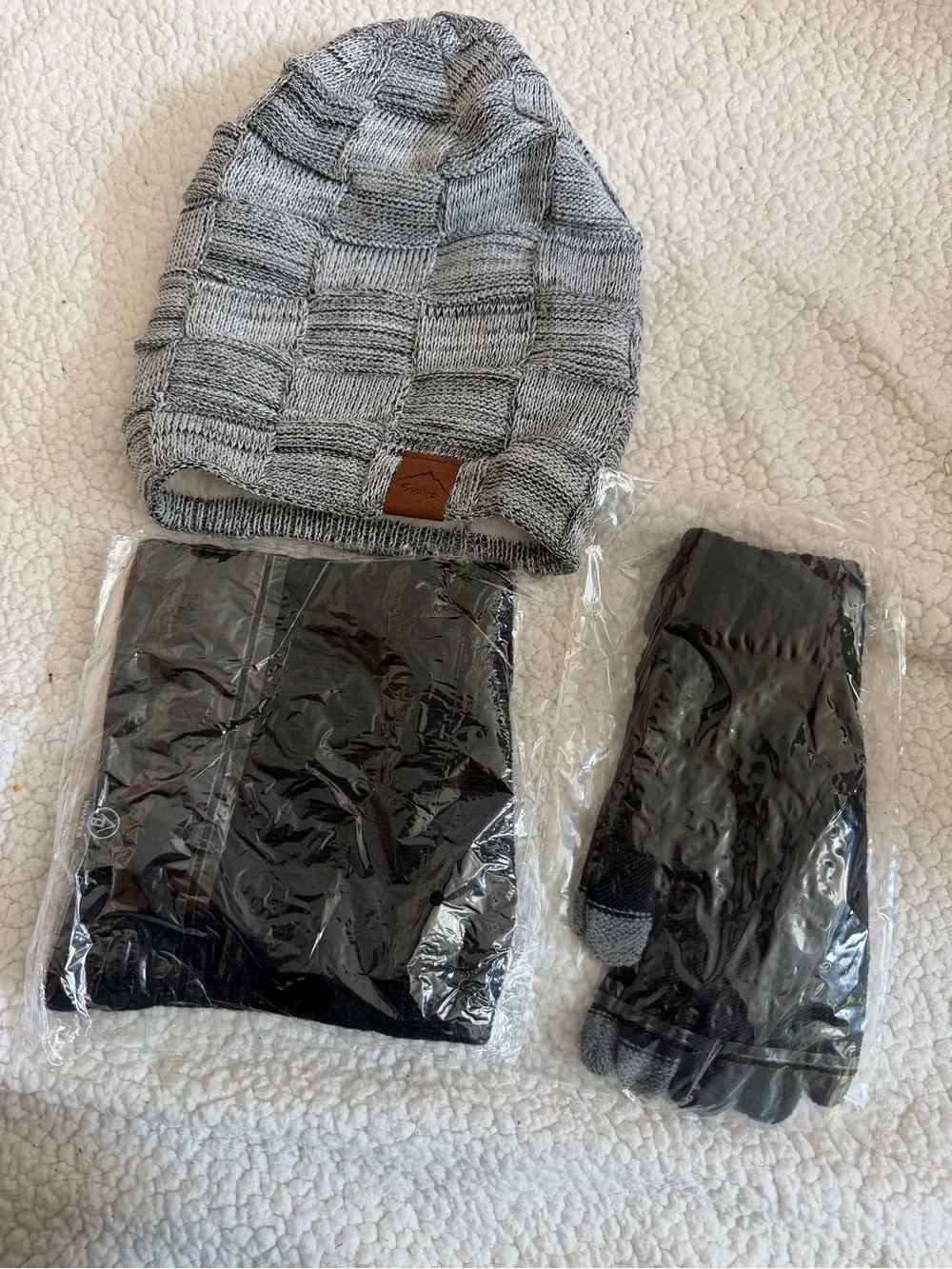 Gray Knit Beanie with Black Socks & Gloves Set - Casual Winter Trio